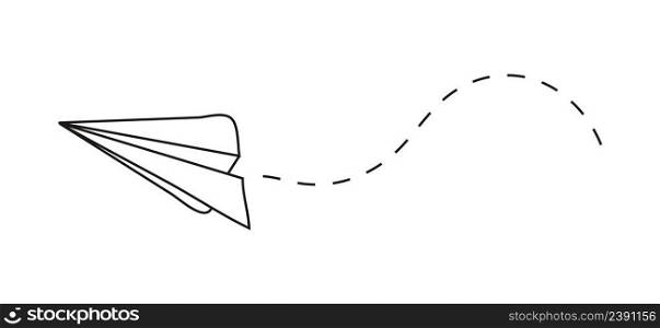 Plane icon with fly rout vector. Paper airplane in hand drawn style. Outline paper aircraft. Doodle message, sms, e-mail symbols. Letter dilivery illustration.. Plane icon with fly rout vector. Paper airplane in hand drawn style. Outline paper aircraft. Doodle message, sms, e-mail symbols.
