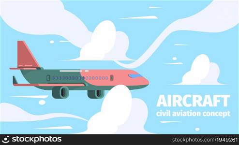 Plane in sky. Travelling background passenger aircraft in clouds vector cartoon illustrations. Aircraft passenger, air travel tourism. Plane in sky. Travelling background passenger aircraft in clouds vector cartoon illustrations