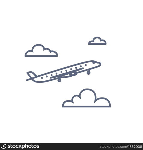 Plane line icon. Flying airplane in the sky vector pictogram. Outline style vector illustration on white background.. Plane line icon. Flying airplane in the sky vector pictogram. Outline style vector illustration on white background..