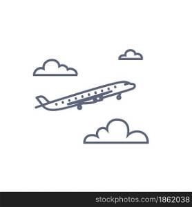 Plane line icon. Flying airplane in the sky vector pictogram. Outline style vector illustration on white background.. Plane line icon. Flying airplane in the sky vector pictogram. Outline style vector illustration on white background..