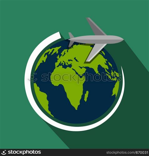 Plane on earth icon. Flat illustration of plane on earth vector icon for web. Plane on earth icon, flat style.