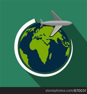 Plane on earth icon. Flat illustration of plane on earth vector icon for web. Plane on earth icon, flat style.