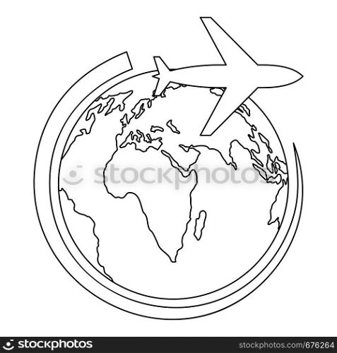 Plane on earth icon. Outline illustration of plane on earth vector icon for web. Plane on earth icon, outline style.