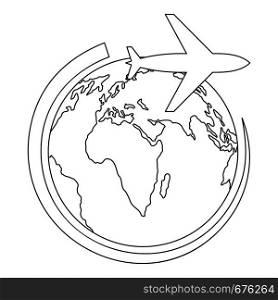 Plane on earth icon. Outline illustration of plane on earth vector icon for web. Plane on earth icon, outline style.