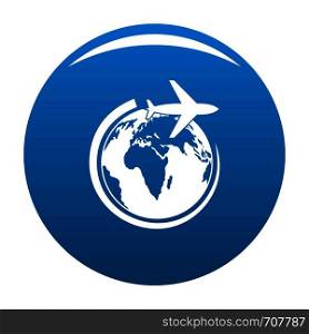 Plane on earth icon vector blue circle isolated on white background . Plane on earth icon blue vector