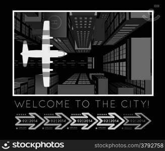 Plane over the city. Vector infographics illustration