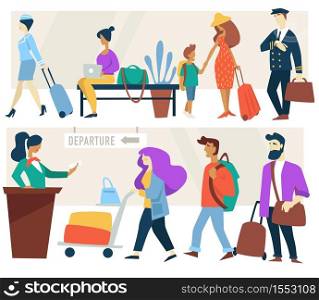 Plane passengers air hostess and pilot airport waiting room and check-in counter vector travelers with baggage and airplane crew men and women receptionist and departure zone traveling and flight. Airport waiting room and check-in counter passengers air hostess and pilote