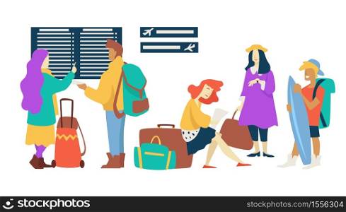 Plane passengers airport waiting room and departure schedule board vector travelers with baggage men and women with suitcases, and bags boy with surfboard traveling and flight family or friends. Flight and departure plane passengers waiting room airport