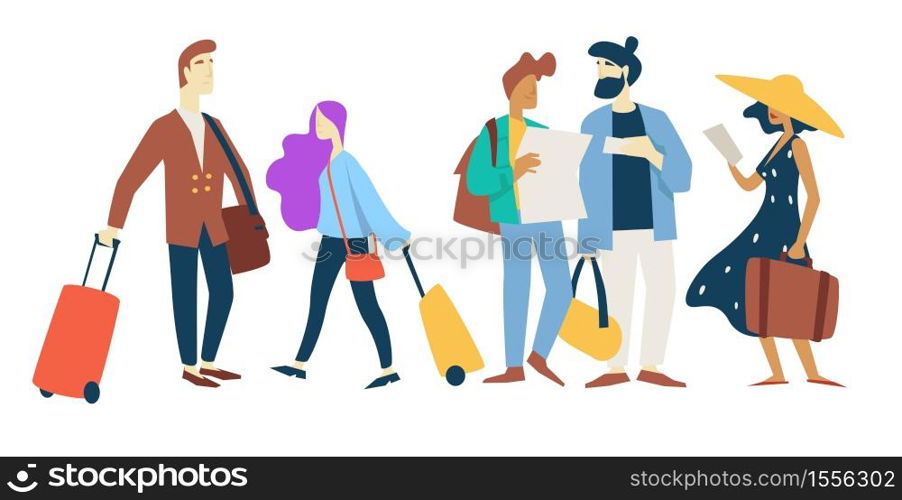 Plane passengers airport waiting room vector isolated male and female characters travelers with baggage men and women with suitcases, and bags traveling and flight friends or business trips map. Airport waiting room plane passengers traveling and tourism