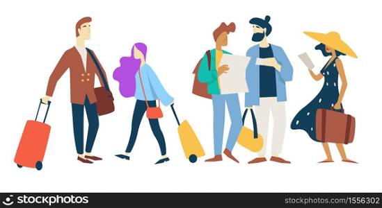 Plane passengers airport waiting room vector isolated male and female characters travelers with baggage men and women with suitcases, and bags traveling and flight friends or business trips map. Airport waiting room plane passengers traveling and tourism