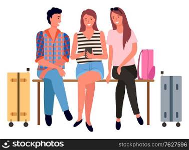 Plane passengers with suitcases, airport waiting room vector. Travelers with baggage, man and women, traveling and flight, friends on vacation or holidays. Famify weekend. Flat cartoon. Airport Waiting Room, Passengers with Baggage