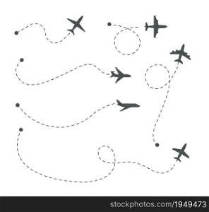 Plane paths. Airline routes, airplane silhouettes and dotted trails vector set. Illustration plane route in sky, airplane silhouette flight line. Plane paths. Airline routes, airplane silhouettes and dotted trails vector set