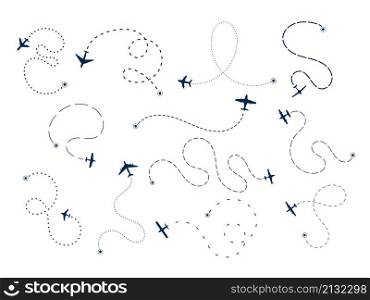 Plane paths. Route lines, airplane path flight. Dotted way, adventure tracks with destination points. Line tourism or logistic elements, vector recent set. Illustration of airplane travel flight. Plane paths. Route lines, airplane path flight. Dotted way, adventure tracks with destination points. Line tourism or logistic elements, vector recent set