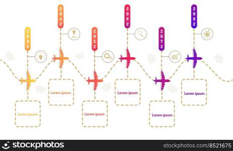 plane roadmap timeline elements with markpoint graph think search gear target icons. vector illustration eps10