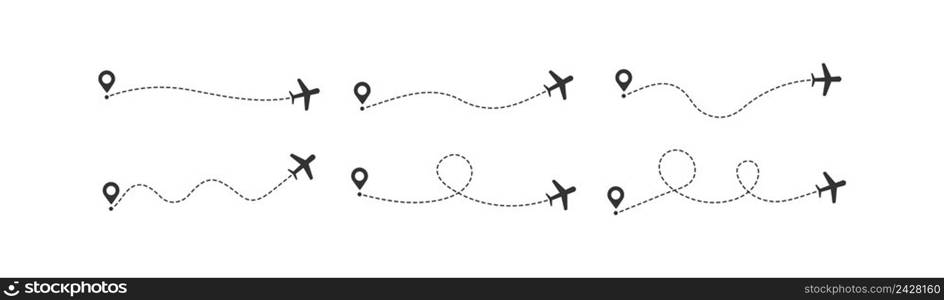 Plane route icon set. Airplane path vector desing.