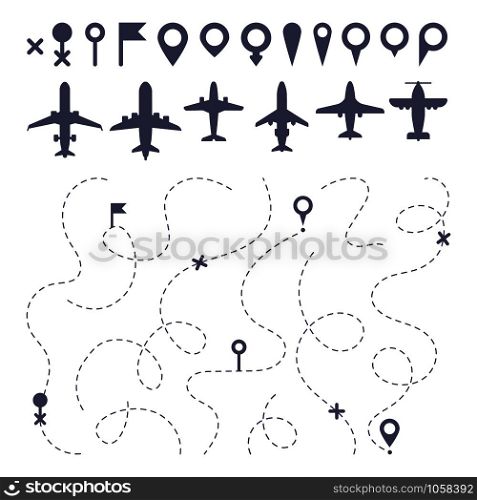 Plane route line. Planes dotted line trail directions, flight pathway direction map builder and airplane. Dot dashes travel flights destination track isolated icons vector set. Plane route line. Planes dotted line trail directions, flight pathway direction map builder and airplane icons vector set