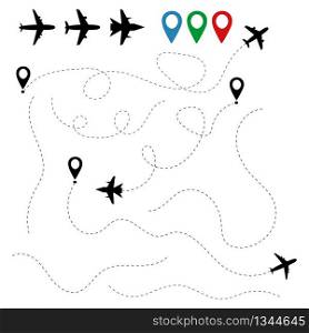 Plane traces and routes isolated on white background. Pathways flight aeroplanes. Aircraft location tracking in air travels. Aviation concept. Airliner fly from airport. Pointers air trips. Vector.. Plane traces and routes isolated on white background. Pathways flight aeroplanes. Aircraft location tracking in air travels. Aviation concept. Airliner fly from airport. Pointers air trips. Vector