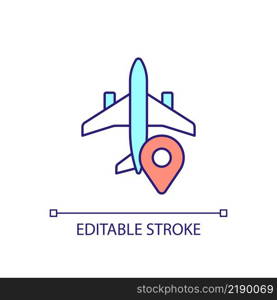 Plane transportation RGB color icon. Air travel. Commercial flights. International air transit. Isolated vector illustration. Simple filled line drawing. Editable stroke. Arial font used. Plane transportation RGB color icon