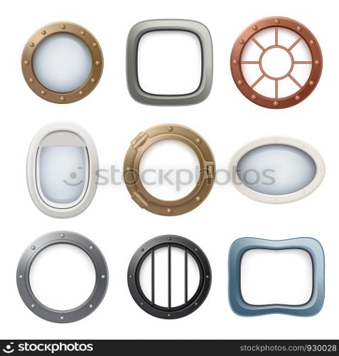 Plane window. Ship boat round glass portholes aircraft interior vector realistic 3d collection. Illustration of window porthole, hole fuselage spaceship. Plane window. Ship boat round glass portholes aircraft interior vector realistic 3d collection