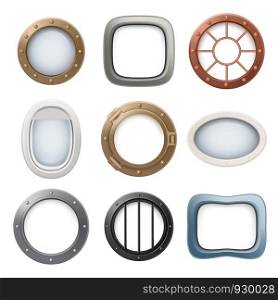 Plane window. Ship boat round glass portholes aircraft interior vector realistic 3d collection. Illustration of window porthole, hole fuselage spaceship. Plane window. Ship boat round glass portholes aircraft interior vector realistic 3d collection