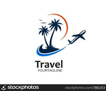 plane with palms icon logo of travel and travel agency vector illustration