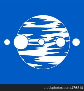 Planet and moons icon white isolated on blue background vector illustration. Planet and moons icon white