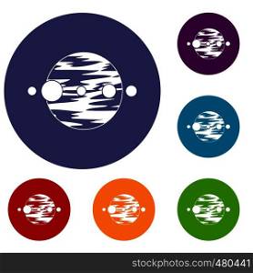 Planet and moons icons set in flat circle red, blue and green color for web. Planet and moons icons set