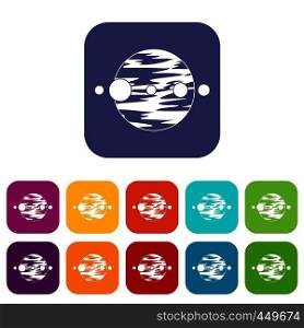 Planet and moons icons set vector illustration in flat style In colors red, blue, green and other. Planet and moons icons set flat