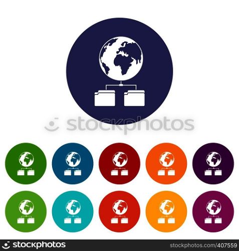 Planet and two folders set icons in different colors isolated on white background. Planet and two folders set icons