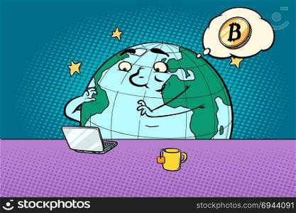 planet character reads the news on bitcoin. Comic book cartoon pop art retro drawing illustration. planet character reads the news on bitcoin