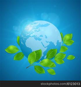 Planet Earth and green branch on a blue background. Vector illustration.