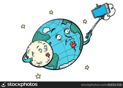 planet Earth and Moon couple taking selfie on phone. isolated on white background. Comic book cartoon pop art retro drawing illustration. planet Earth and Moon couple taking selfie. isolated on white ba