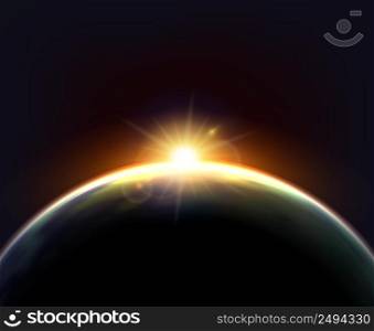 Planet earth cosmic night view with sunshine light on the globe surface astronomic realistic poster vector illustration . Globe Earth Sunlight Dark Background Poster