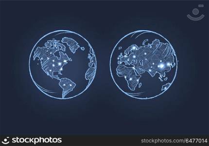 Planet Earth from Two Sides Vector Illustration. Planet earth from two sides, globe with blue lights in different parts of world vector illustration isolated on dark-blue background
