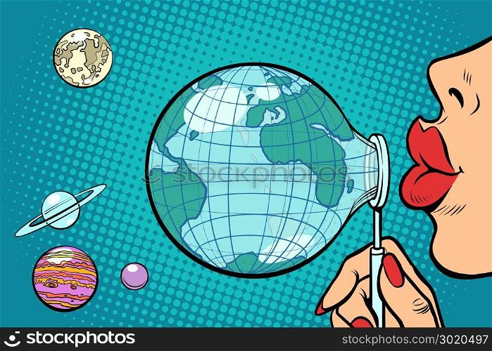 Planet Earth is blown out like a soap bubble. Ecology and environmental protection. Comic book cartoon pop art retro vector illustration. Planet Earth is blown out like a soap bubble