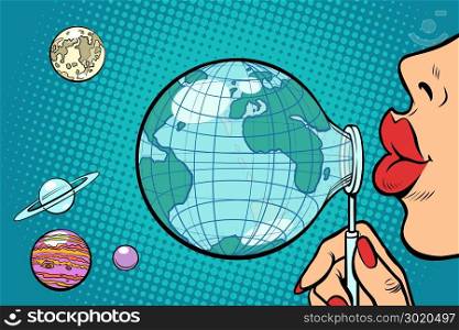 Planet Earth is blown out like a soap bubble. Ecology and environmental protection. Comic book cartoon pop art retro vector illustration. Planet Earth is blown out like a soap bubble