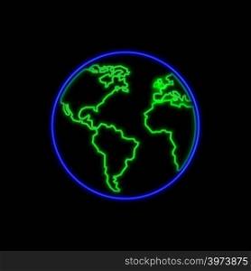 Planet Earth neon sign. Bright glowing symbol on a black background. Neon style icon.