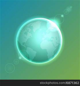 Planet Earth on colorful defocused lights bokeh background. Vector illustration.