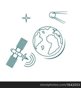 Planet Earth, satellite, orbital station vector illustration. Earth Day. Space exploration. Astronomy. Science. Design for astronomy apps, websites, print.