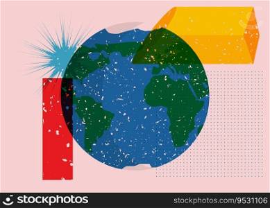 Planet Earth with colorful geometric shapes. Object in trendy riso graph design. Geometry elements abstract risograph print texture style.