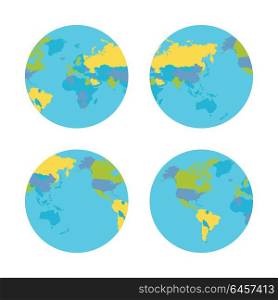 Planet Earth with Countries Vector Illustration.. Planet Earth vector illustration from four sides. World Globe circular sequence with political map . Countries silhouettes on planet surface. Global world concept. Isolated on white background.