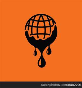 Planet flowing down water icon. Orange background with black. Vector illustration.