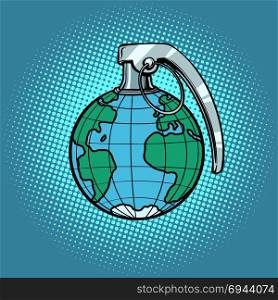 Planet grenade, ecology and politics. Comic book cartoon pop art retro illustration. Planet grenade, ecology and politics