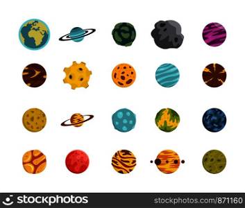 Planet icon set. Flat set of planet vector icons for web design isolated on white background. Planet icon set, flat style