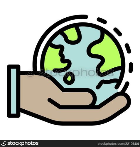 Planet in the palm icon. Outline planet in the palm vector icon color flat isolated. Planet in the palm icon color outline vector