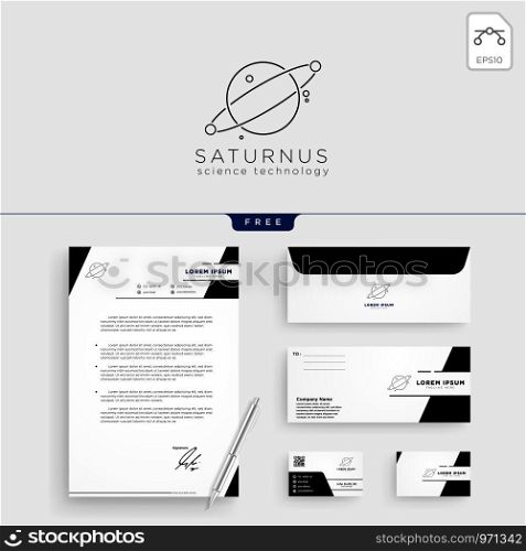 planet line art logo template vector illustration and stationery, letterhead, business card, envelope. planet line art logo template vector illustration