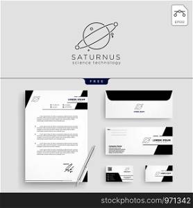 planet line art logo template vector illustration and stationery, letterhead, business card, envelope. planet line art logo template vector illustration