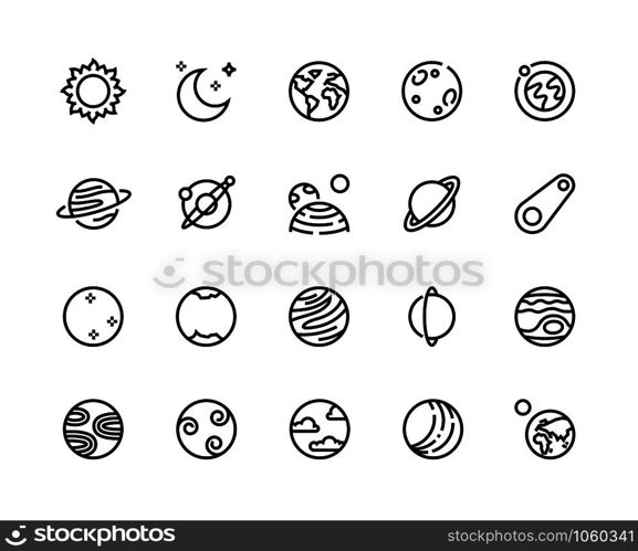 Planet line icons. Solar system cosmos planets with Earth Moon Jupiter Uranus and other. Vector illustration astronomy infographic elements astrology concept with outline symbols planets. Planet line icons. Solar system cosmos planets with Earth Moon Jupiter Uranus and other. Vector astronomy infographic elements