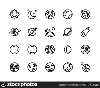 Planet line icons. Solar system cosmos planets with Earth Moon Jupiter Uranus and other. Vector illustration astronomy infographic elements astrology concept with outline symbols planets. Planet line icons. Solar system cosmos planets with Earth Moon Jupiter Uranus and other. Vector astronomy infographic elements