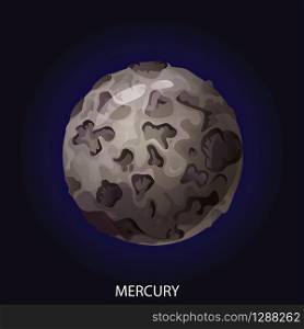 Planet Mercury cartoon vector illustration. Spherical planet with gray illuminated surface with craters and relief isolated on dark blue cosmic background. Planet Mercury cartoon vector illustration